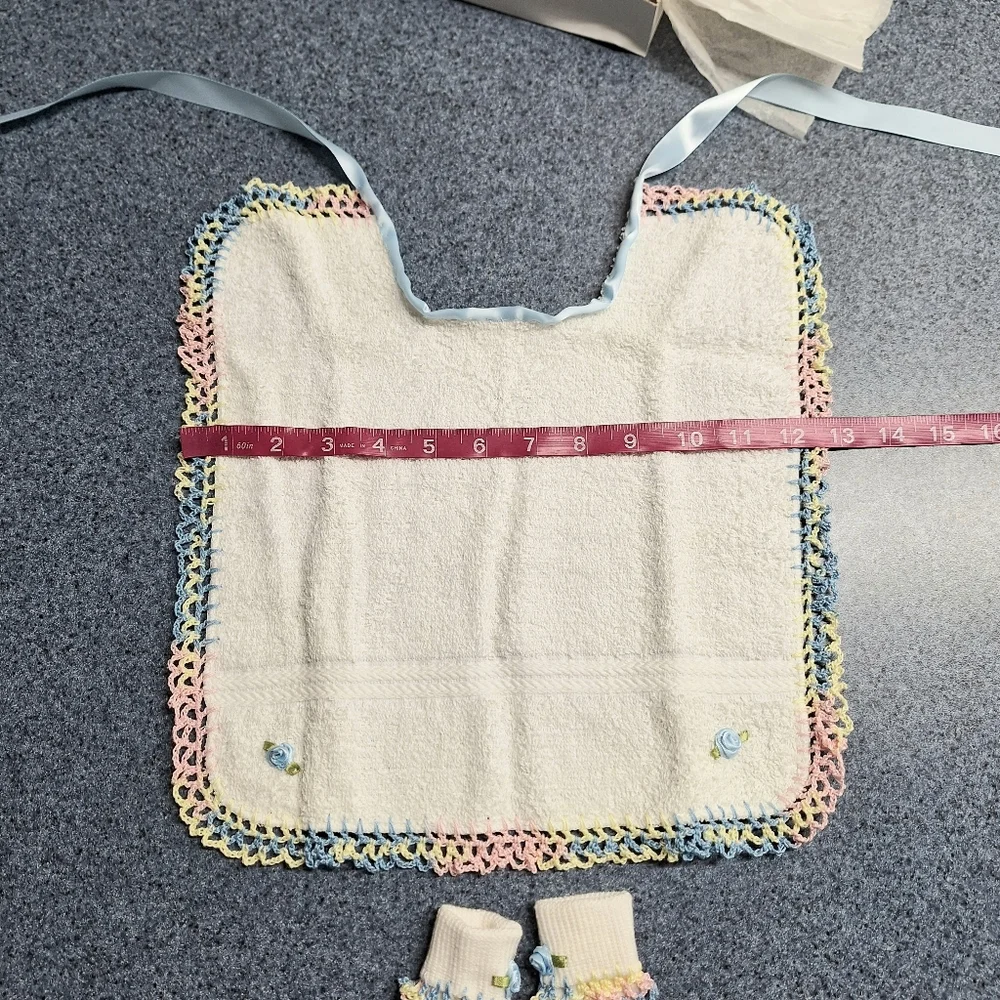 Handmade Crochet Trim Baby Bib and Booties Set, NWOT